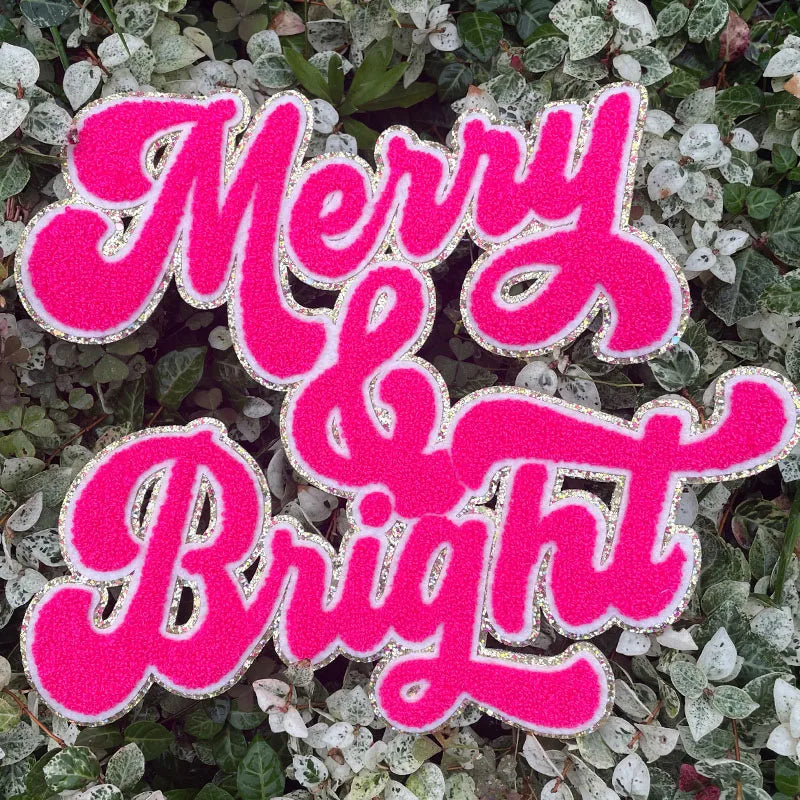 Popular 11IN Red Merry Bright Chenille Patch for Hoodies Christmas Iron-on Patches with Sequins PVC Christmas Hoodie Decoration