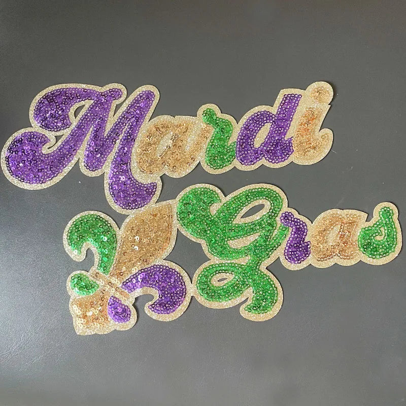 Fashion Large Sequin Mardi Gras Patches Iron on Wholesale Mardi Gras Sequin Patch for Women Man Sweatshirt Hoodie Clothing