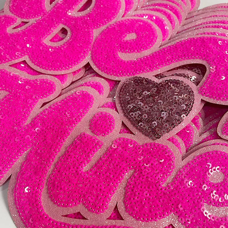 Wholesale Valentines Day Patches Iron on Bling Big Hot Pink Be Mine Sequin Patch for Women Girl Sweatshirt Hoodie Clothing DIY