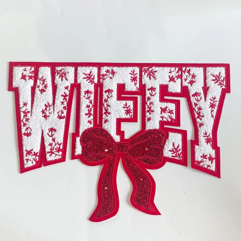Wholesale Big Mama Patch Clothing Decoration Iron on Embroidered WIFEY Chenille Patches With Sequin Bow for Women Wife Gift