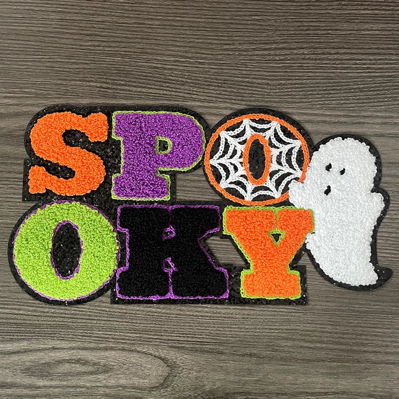 Wholesale Big Halloween Iron on Letter Patches Girl Colorful Chenille Pumpkin Ghost Spooky Chenille Patch for Man Women Clothes