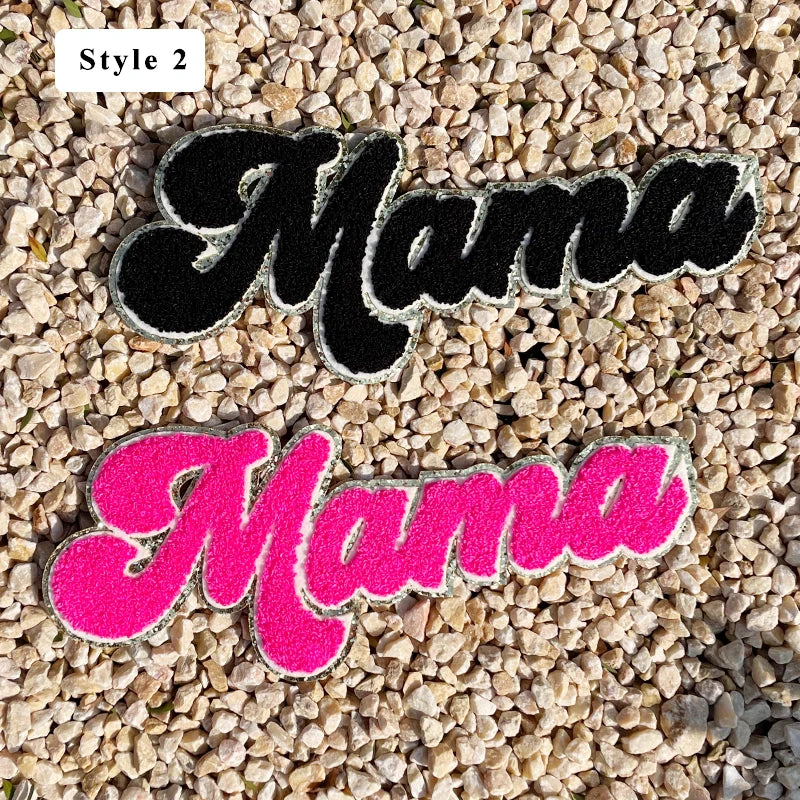 Wholesale 11 Inches Chenille Mama Patch Letter Custom Iron on Hot Pink Women Towel Mama Chenille Patch for Mom Clothing