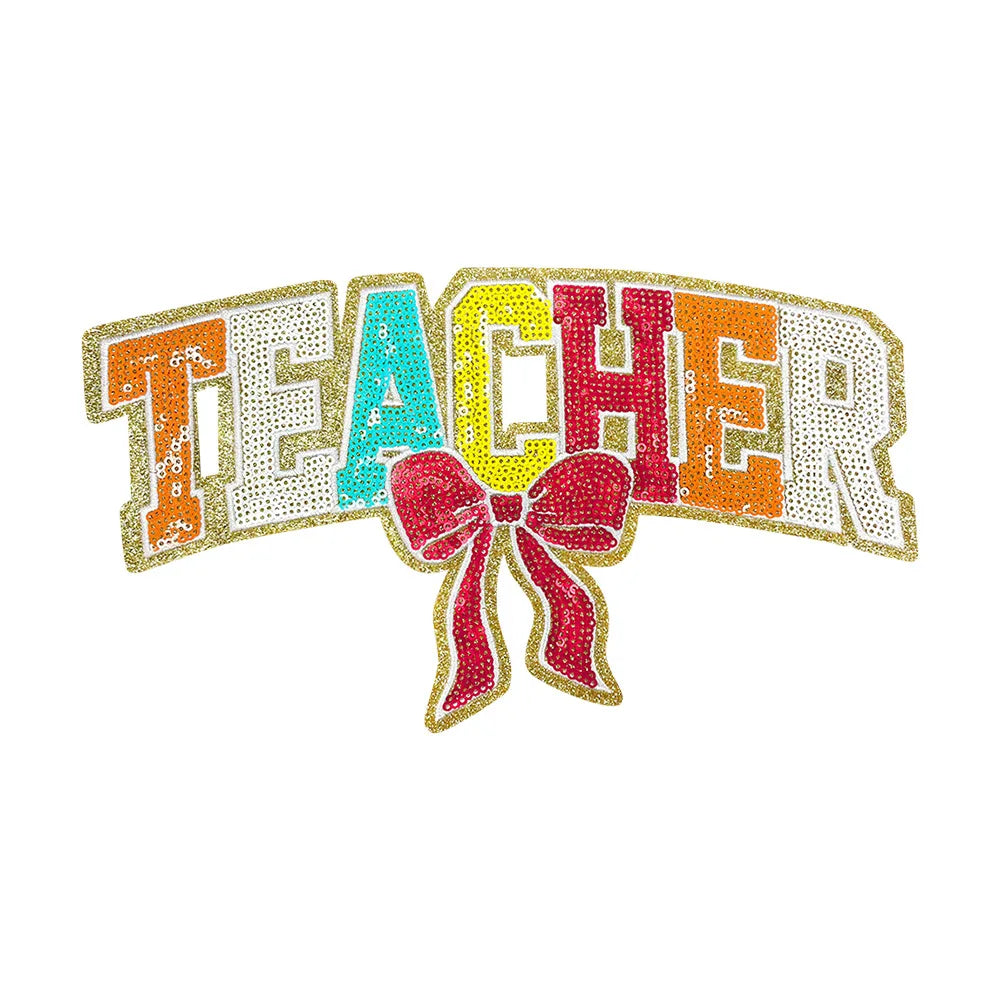 11IN Iron on Sequin Patch Back to School Heat Press Hot Melt Teacher Bow Large Patch for DIY Gift Sweatshirt Backpack Totebag