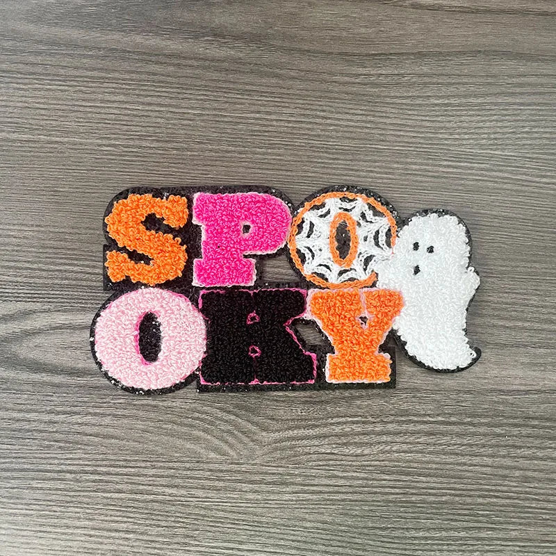 Wholesale Big Halloween Iron on Letter Patches Girl Colorful Chenille Pumpkin Ghost Spooky Chenille Patch for Man Women Clothes