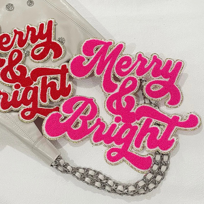 Popular 11IN Red Merry Bright Chenille Patch for Hoodies Christmas Iron-on Patches with Sequins PVC Christmas Hoodie Decoration