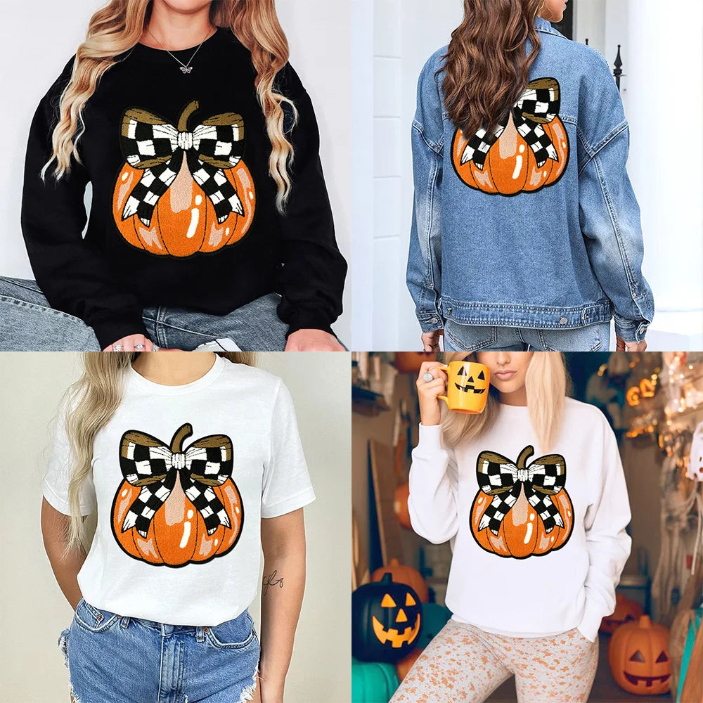 Wholesale Big Halloween Chenille Patches Iron on Cute Fall Season Sequin Ghost Bow Pumpkin Chenille Patches for Women Sweatshirt