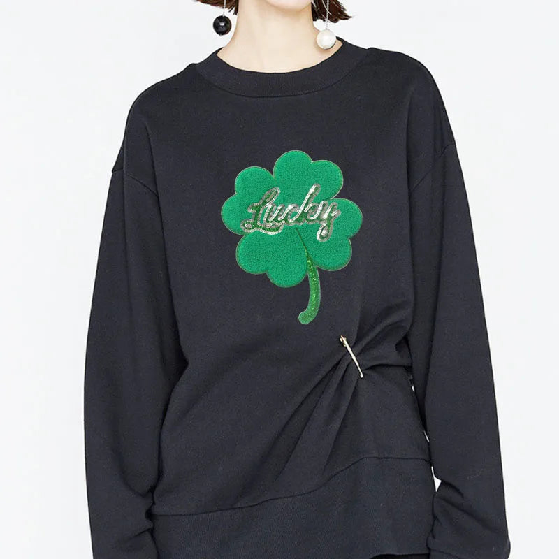 Wholesale Large Chenille Patches Sweatshirt Sequin Green Leaf Clover Iron on Letter Lucky Chenille Patch for Women Man Clothing