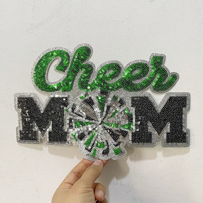 High Quality Clothing Decoration Summer Sequin Patches Custom Green Red Iron on Big Cheer MOM Patch for MAMA Clothes Bag Women