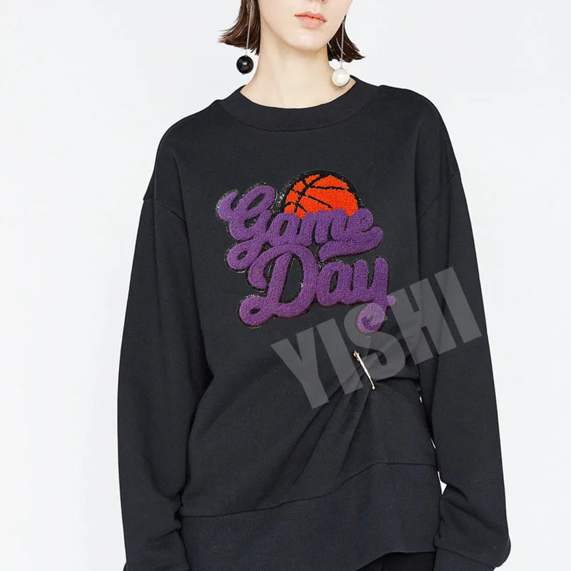 Trendy Iron on Large Chenille Letter Patches Hoodie Clothing Sport Basketball Game Day Chenille Patch for Man Women