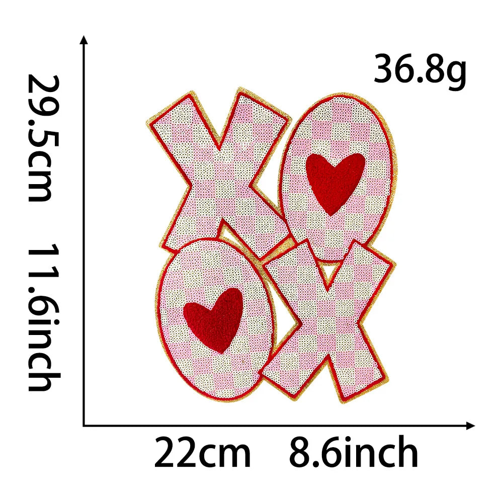 Wholesale Large Valentine Chenille and Sequin Patch Heat Press Iron on Red XOXO Sequin Patches for Women Man Sweaters Shirts