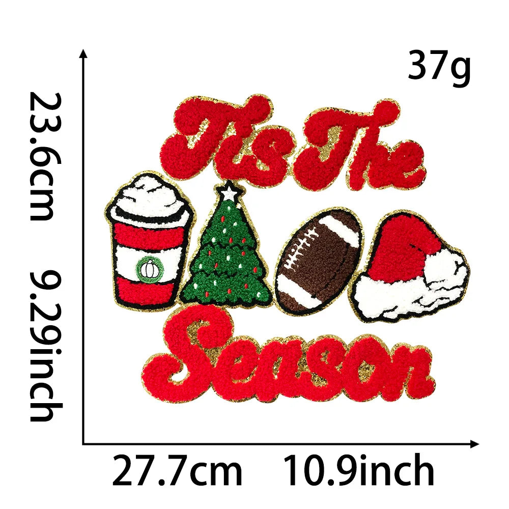 Wholesale Holly Jolly Bow Elk Tree Holiday Chenille Patches Heat Press Custom Sequin Christmas Iron on Patches for Women Man