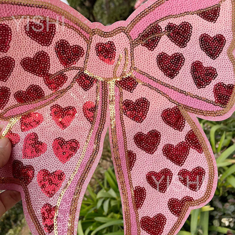 Trendy Valentines Sequins Patch Iron on Girl Women Large Pink Red Heart Big Sequin Bow Patch for Hoodies Clothing Decoration