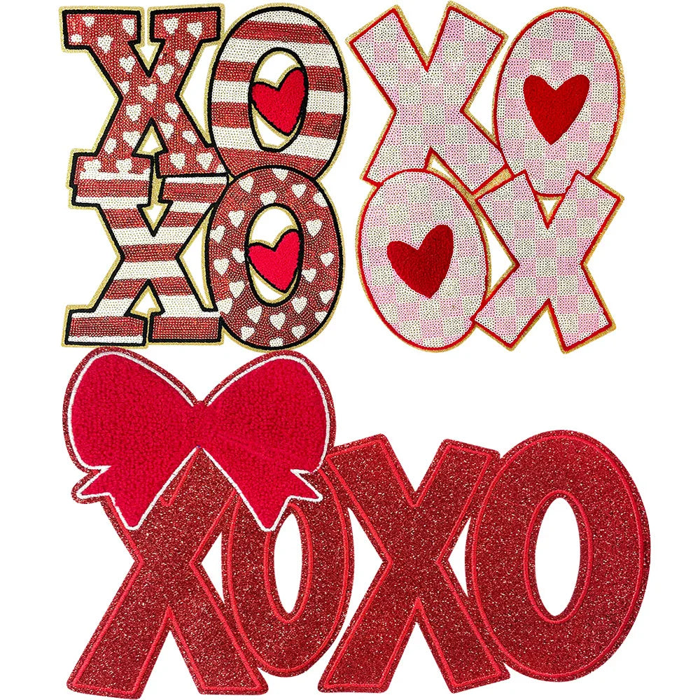 Wholesale Large Valentine Chenille and Sequin Patch Heat Press Iron on Red XOXO Sequin Patches for Women Man Sweaters Shirts