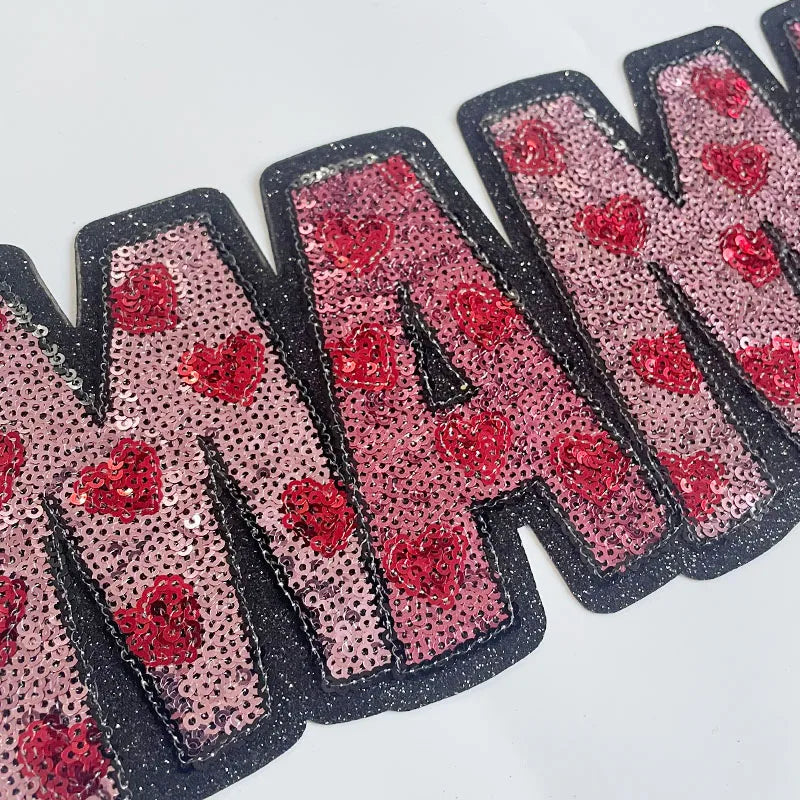 Wholesale Big Mama Sequin Patch Clothing Decoration MAMA With Hearts Patch Iron on for Women MOM Gift