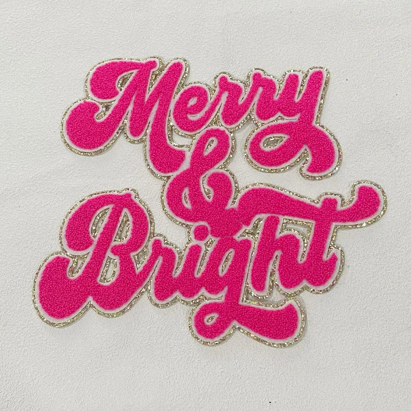 Popular 11IN Red Merry Bright Chenille Patch for Hoodies Christmas Iron-on Patches with Sequins PVC Christmas Hoodie Decoration