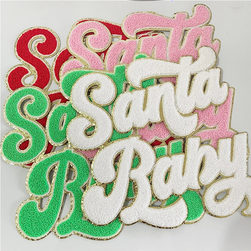 Wholesale 28cm Santa Baby Chenille Patch Big Letter Handmade PVC Iron Sew Christmas Patches for Clothing Appliqued Towel Design