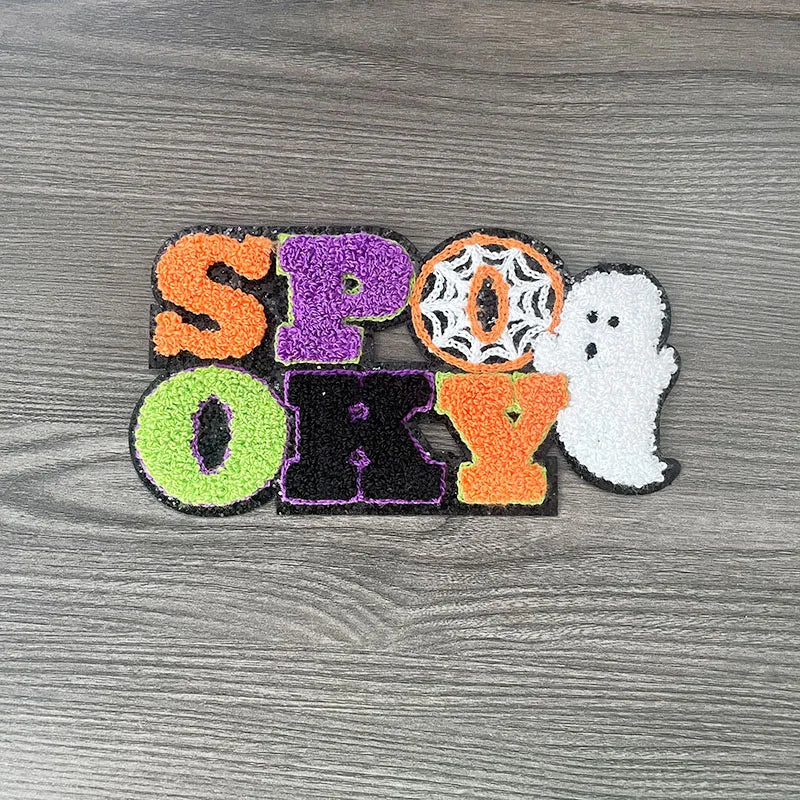 Wholesale Big Halloween Iron on Letter Patches Girl Colorful Chenille Pumpkin Ghost Spooky Chenille Patch for Man Women Clothes