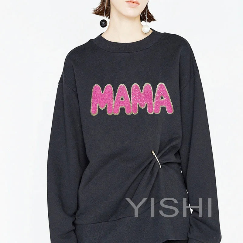 New Arrival MAMA Chenille Patch Iron on Hoodies Letters Heat Press Hot Pink MAMA Sequin Patches for Clothing Decoration Women