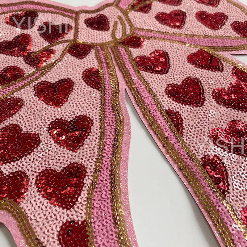 Trendy Valentines Sequins Patch Iron on Girl Women Large Pink Red Heart Big Sequin Bow Patch for Hoodies Clothing Decoration