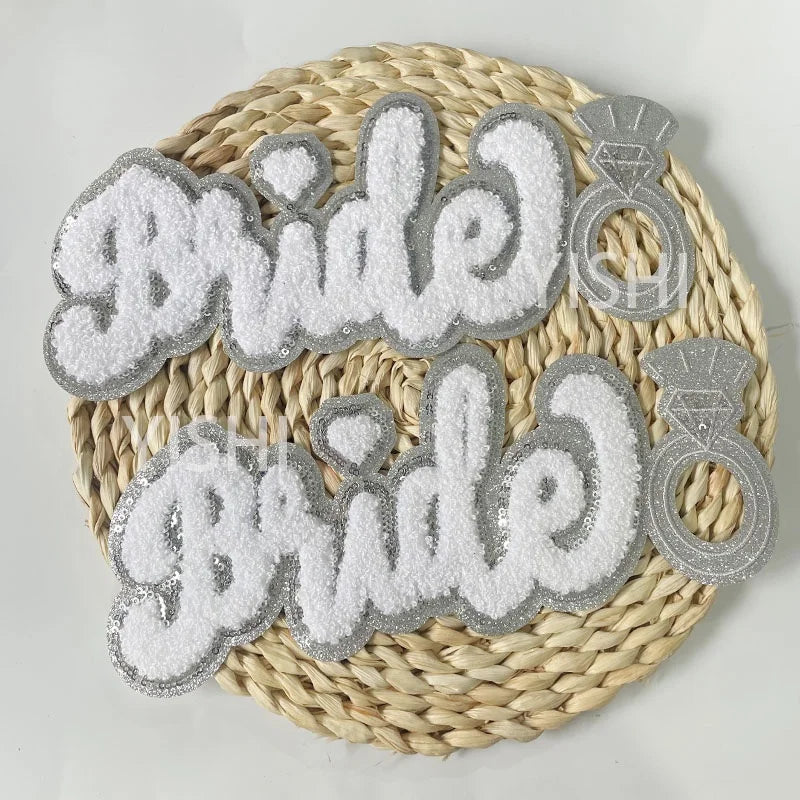 Trendy Large White Chenille Patch Iron on Women Girl Sequin Bride Chenille Patch for Hoodies Clothing Decoration