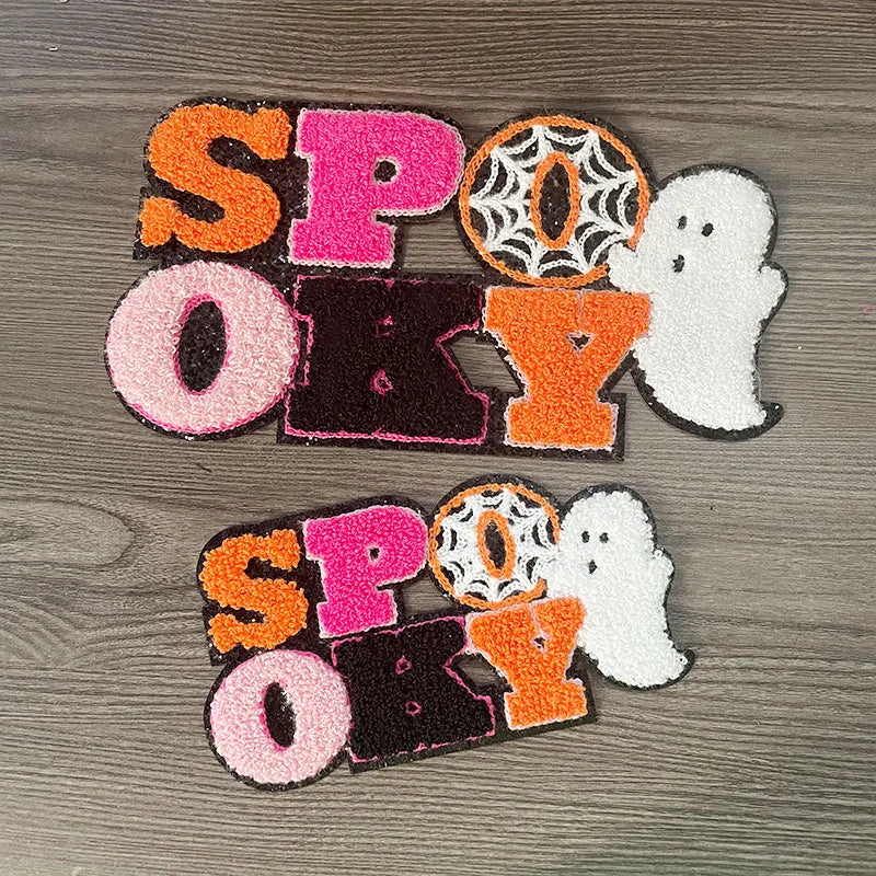 Wholesale Big Halloween Iron on Letter Patches Girl Colorful Chenille Pumpkin Ghost Spooky Chenille Patch for Man Women Clothes