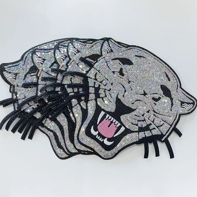 Fashion Large Bling Sequin Cougar Head Patches Iron on Wholesale Mascot Sequin Patches for Women Man Sweatshirt Hoodie Clothing