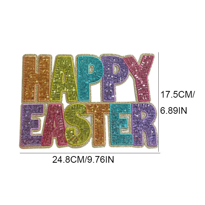 Trendy Big Bling Custom Letter Patches Iron on Colorful Happy Easter Sequin Patch for Women Girl Sweatshirt Hoodie Clothing