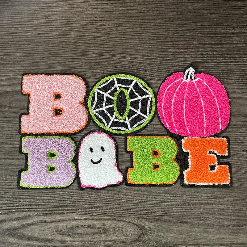 Wholesale Big Halloween Iron on Letter Patches Girl Colorful Chenille Pumpkin Ghost Spooky Chenille Patch for Man Women Clothes