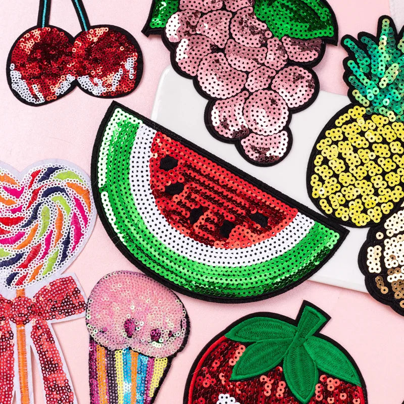 Trendy Sparkling Sequin Patches Iron on Cherry Watermelon Grape Shiny Fruit Sequin Patch for Girl Bag Pants Clothing Patches