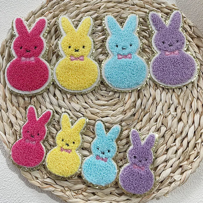 Trendy Colorful Bunny Patches Iron on Animal Rabbit Clothing Glitter Patch Large Easter Chenille Patch for Women Girl
