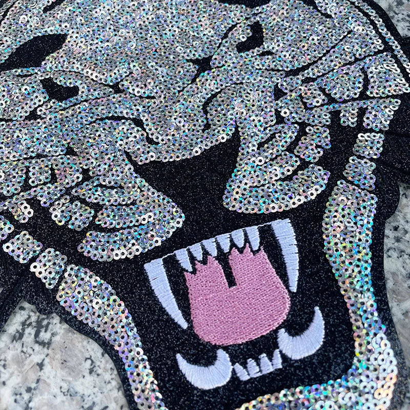 Fashion Large Bling Sequin Cougar Head Patches Iron on Wholesale Mascot Sequin Patches for Women Man Sweatshirt Hoodie Clothing