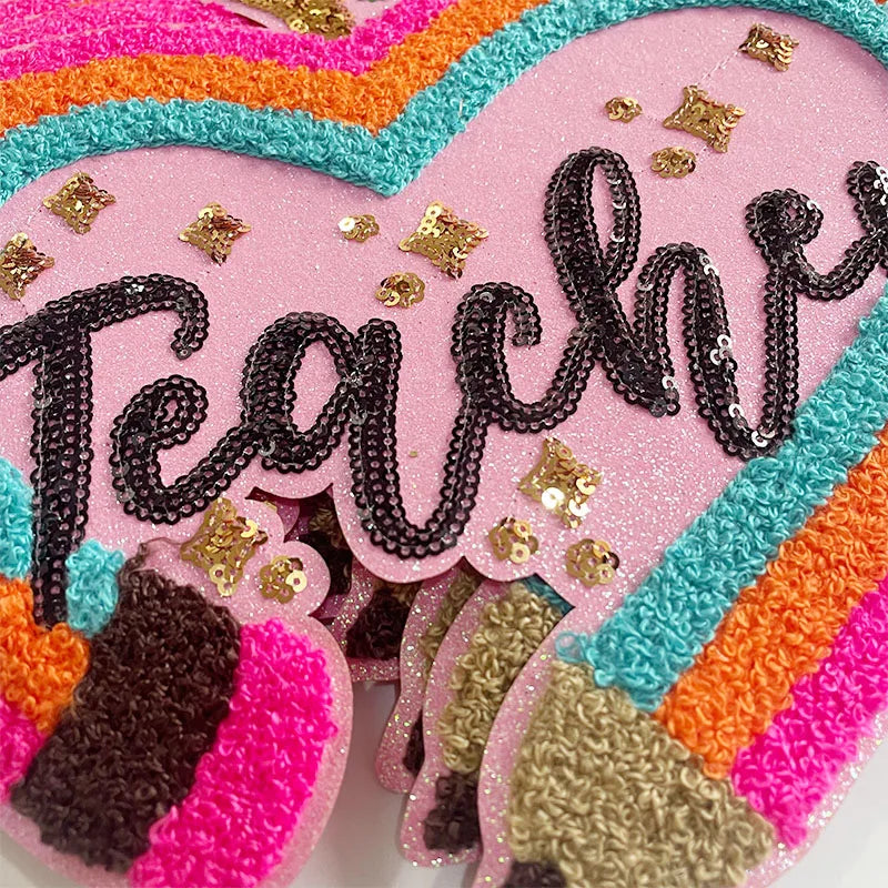 Wholesale Teacher Pencil Chenille Patch Iron on Back to School Sequin Teacher Chenille Patches for Hoodies Clothing Decoration