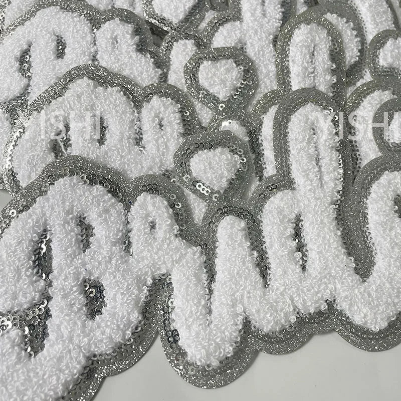 Trendy Large White Chenille Patch Iron on Women Girl Sequin Bride Chenille Patch for Hoodies Clothing Decoration