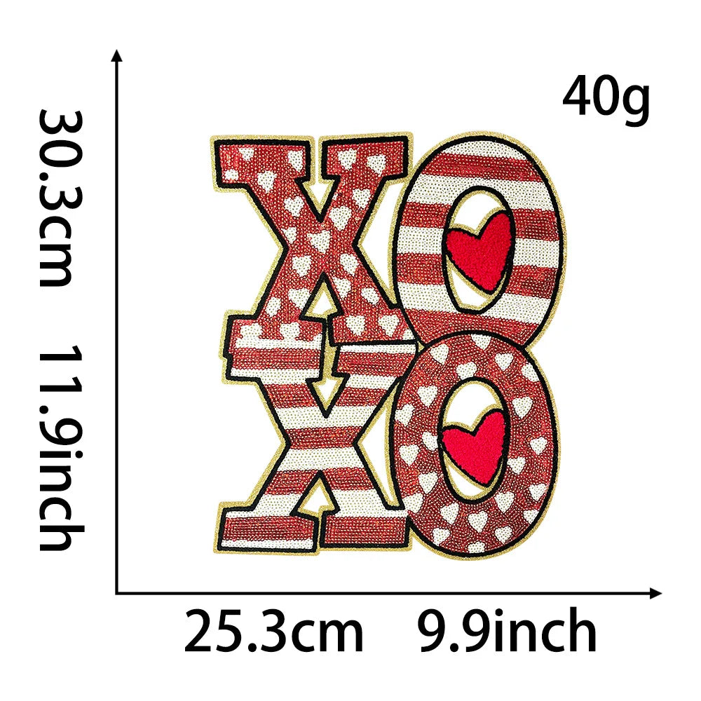 Wholesale Large Valentine Chenille and Sequin Patch Heat Press Iron on Red XOXO Sequin Patches for Women Man Sweaters Shirts