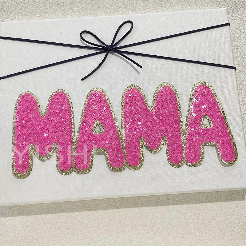 New Arrival MAMA Chenille Patch Iron on Hoodies Letters Heat Press Hot Pink MAMA Sequin Patches for Clothing Decoration Women