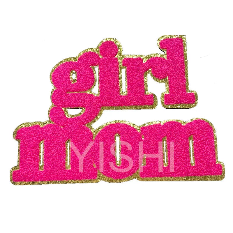 Wholesale 11IN Big Iron on Letters Patches Girl Mom Hot pink Heat Press Chenille Mom Patches for Clothing Bag Decoration