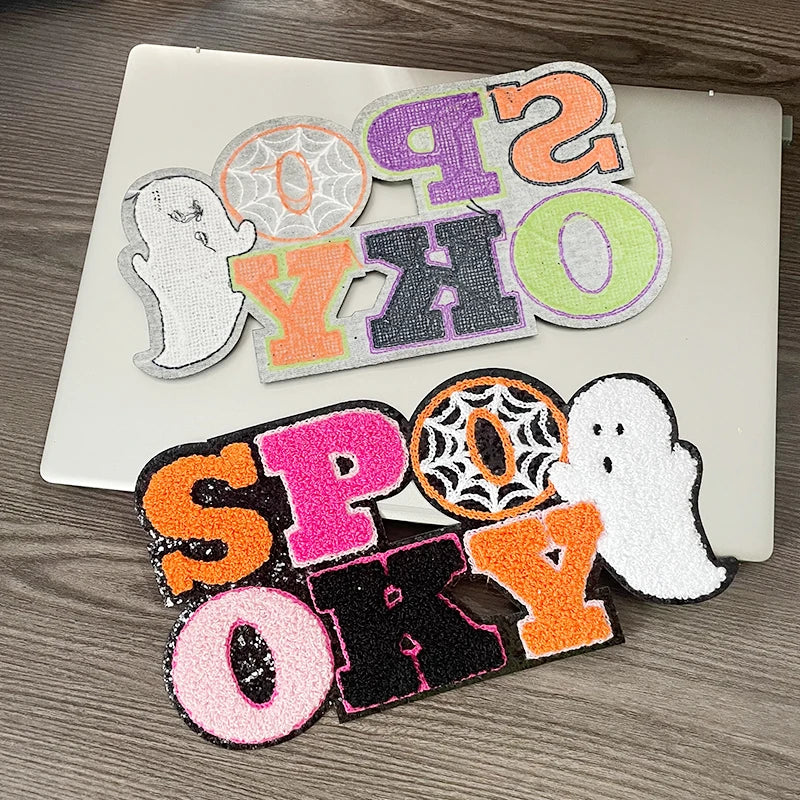 Wholesale Big Halloween Iron on Letter Patches Girl Colorful Chenille Pumpkin Ghost Spooky Chenille Patch for Man Women Clothes