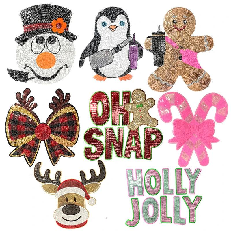 Wholesale Holly Jolly Bow Elk Tree Holiday Chenille Patches Heat Press Custom Sequin Christmas Iron on Patches for Women Man