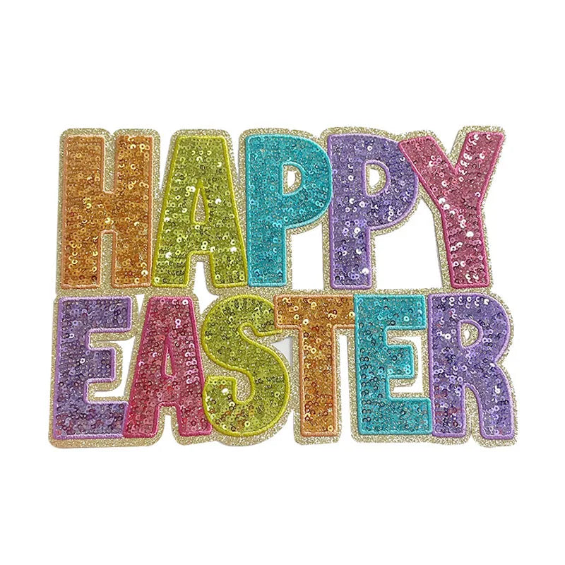 Trendy Big Bling Custom Letter Patches Iron on Colorful Happy Easter Sequin Patch for Women Girl Sweatshirt Hoodie Clothing