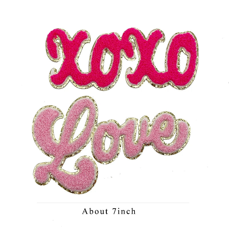 Wholesale 4 Colors Valentine's Chenille Letter Patch Iron on 7 Inches Kids Cloth XOXO Love Chenille Patch for Clothes Bag