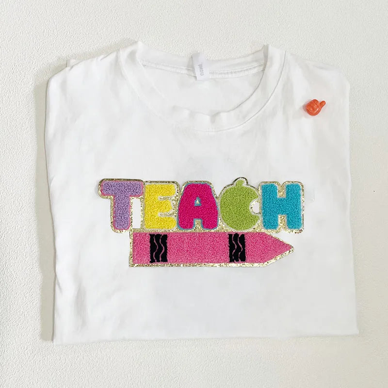 Wholesale Chenille Letter Patches Iron on Girl Colorful School Women Big Teach Pencil Letter Chenille Patch for Hoodies