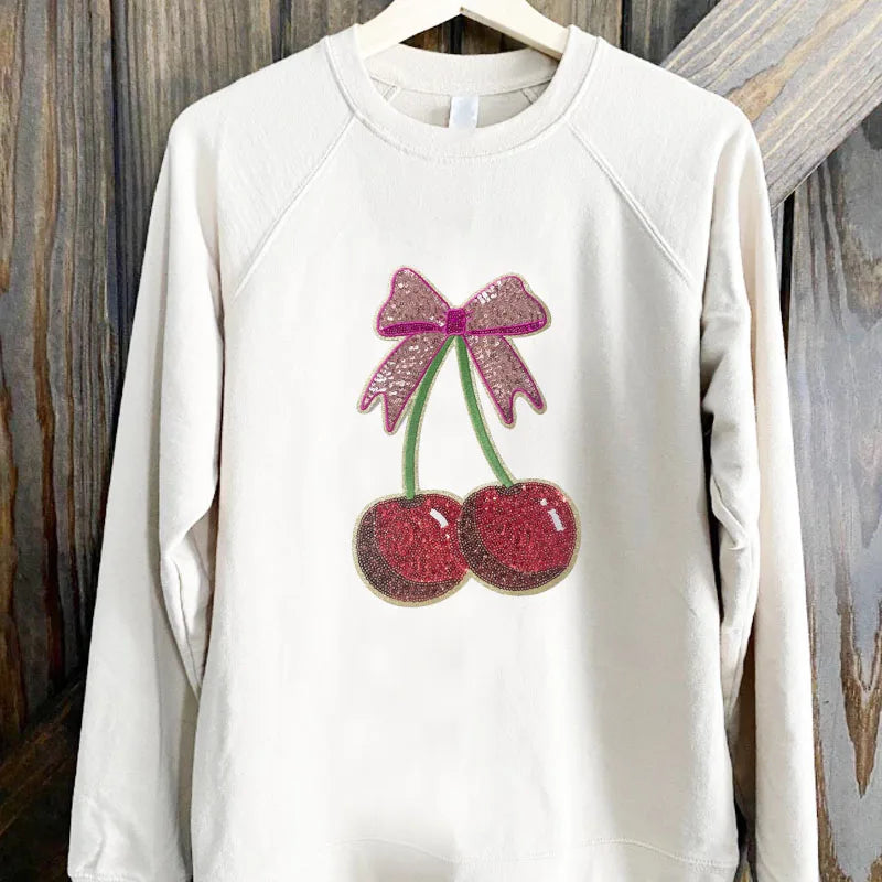 Wholesale Sequin Patches Iron on Women Garment Accessories Big Bow Tie Cherry Sequin Embroidery Patches for Clothing DIY