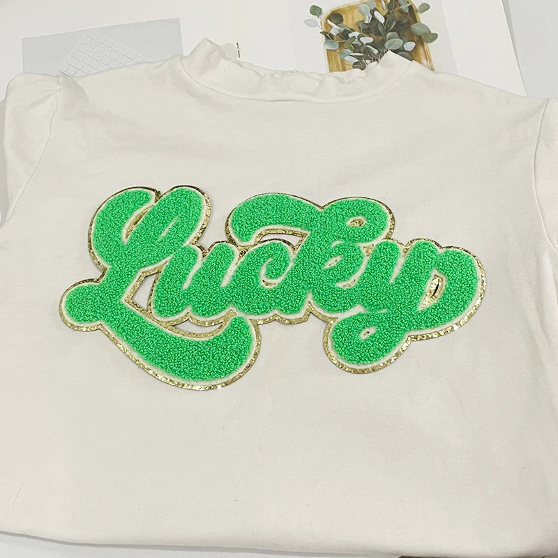 Wholesale 11 Inches St. Patrick's Day Big Chenille Patches Shirt Large Letter Patches Iron on Lucky Chenille Patch for Clothing