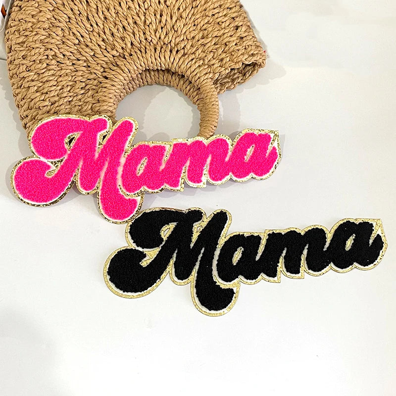 Wholesale 11 Inches Chenille Mama Patch Letter Custom Iron on Hot Pink Women Towel Mama Chenille Patch for Mom Clothing