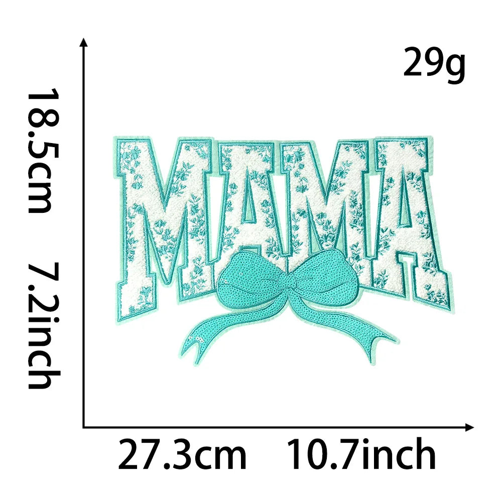 Wholesale Big Mama Patch Women Clothing Decoration Iron on Embroidery Mama Chenille Patch With Sequin Bow for Mom Gift