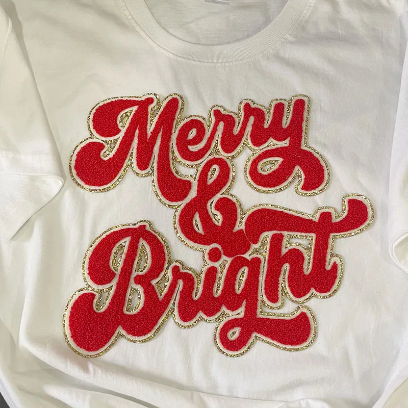 Popular 11IN Red Merry Bright Chenille Patch for Hoodies Christmas Iron-on Patches with Sequins PVC Christmas Hoodie Decoration