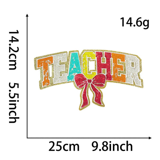 11IN Iron on Sequin Patch Back to School Heat Press Hot Melt Teacher Bow Large Patch for DIY Gift Sweatshirt Backpack Totebag