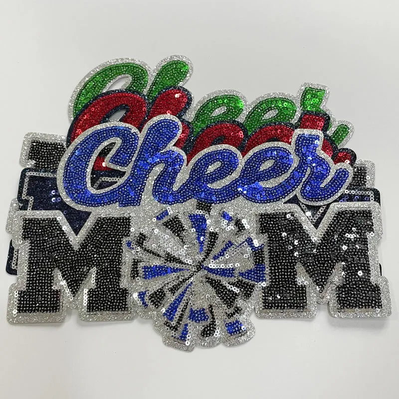 High Quality Clothing Decoration Summer Sequin Patches Custom Green Red Iron on Big Cheer MOM Patch for MAMA Clothes Bag Women