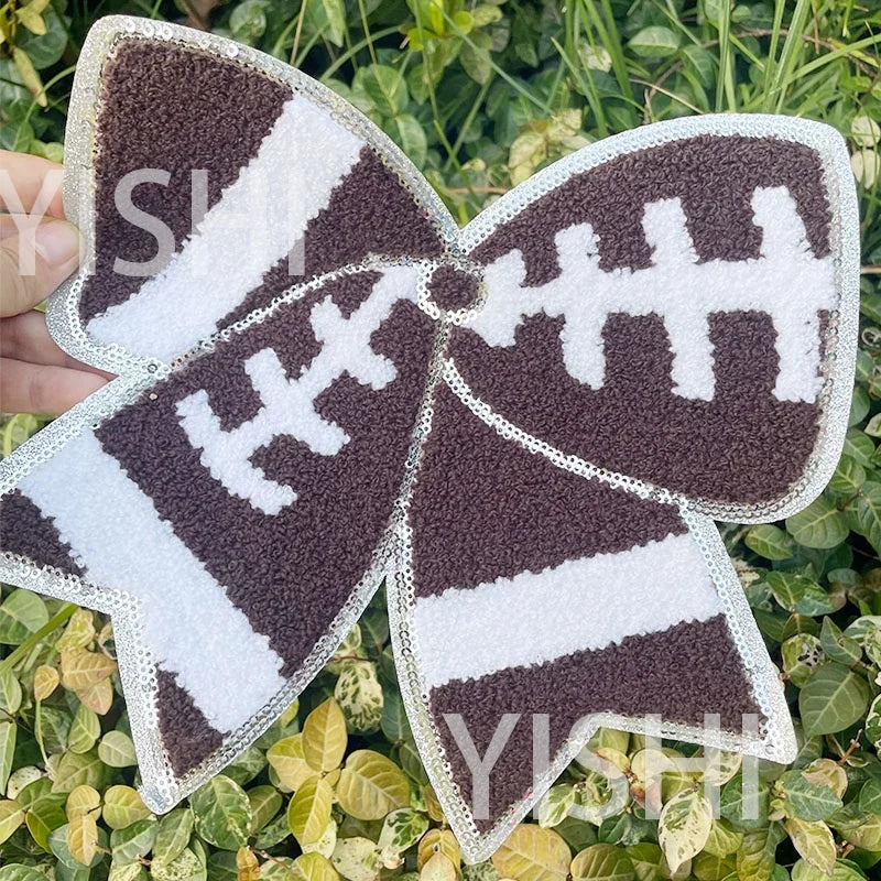 Wholesale Big Sequin Football Iron on Patch Women Girl Sequin Bow Football Chenille Patches for Hoodies Clothing Decoration