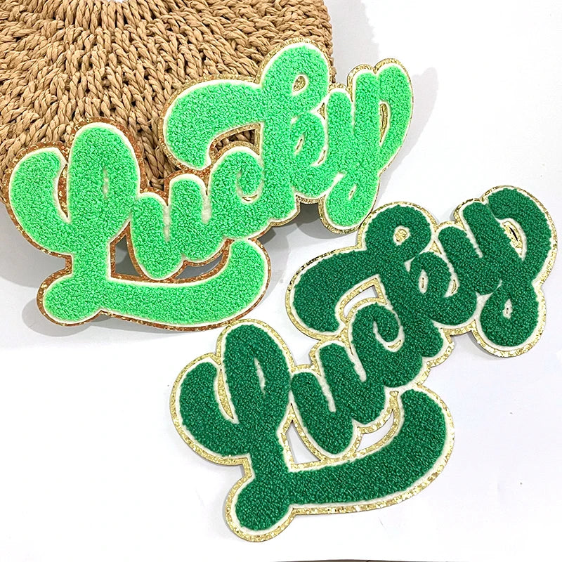 Wholesale Large Chenille Patches Sweatshirt Sequin Green Leaf Clover Iron on Letter Lucky Chenille Patch for Women Man Clothing
